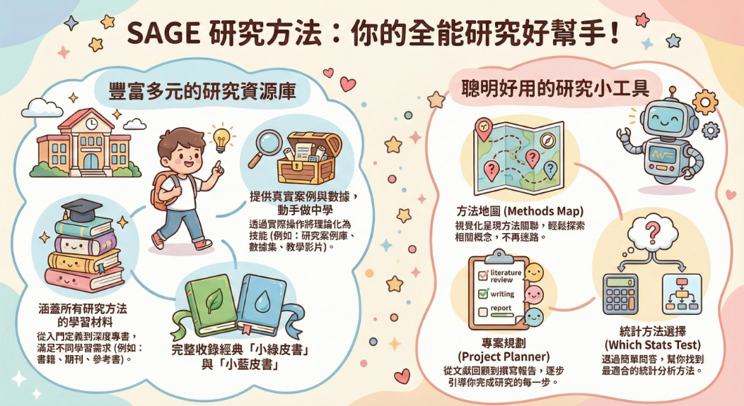 一張關於 SAGE 研究方法的資訊圖表,介紹了其豐富的資源庫與聰明好用的研究工具,包含案例、數據、方法地圖和專案規劃